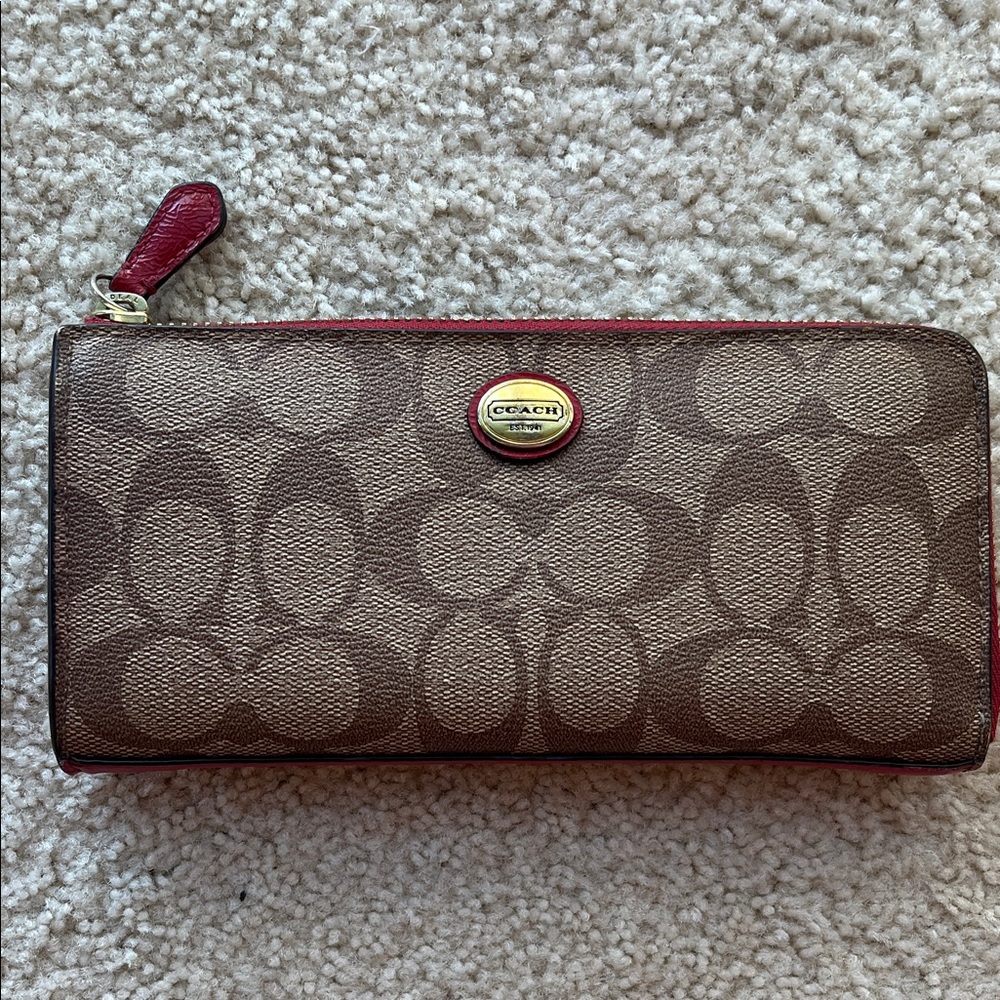 Coach Brown and Red Signature Zip Wallet (Gently Used)